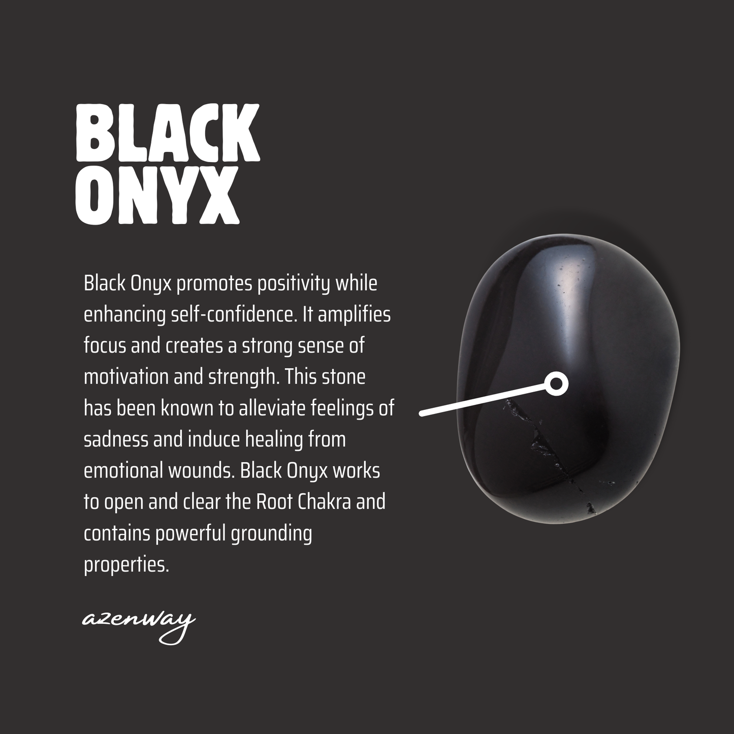 Black Onyx crystal meaning graphic describing the stone’s grounding and confidence-boosting qualities.