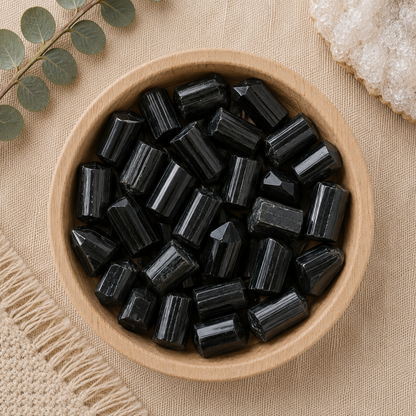 Natural black tourmaline crystal points displayed in a round bamboo bowl on a soft beige linen background. The polished crystals feature their signature vertical striations and pointed terminations, while eucalyptus leaves, a woven cream textile, and a white quartz cluster create a warm, minimalist, zen-inspired flat lay.