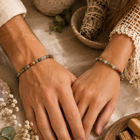 Male and female hands displayed side by side wearing matching Bloodstone gemstone bracelets in different sizes. The men's bracelet features a silver accent bead, while the women's bracelet has a gold accent bead, styled with crystals, sage, and warm boho décor.