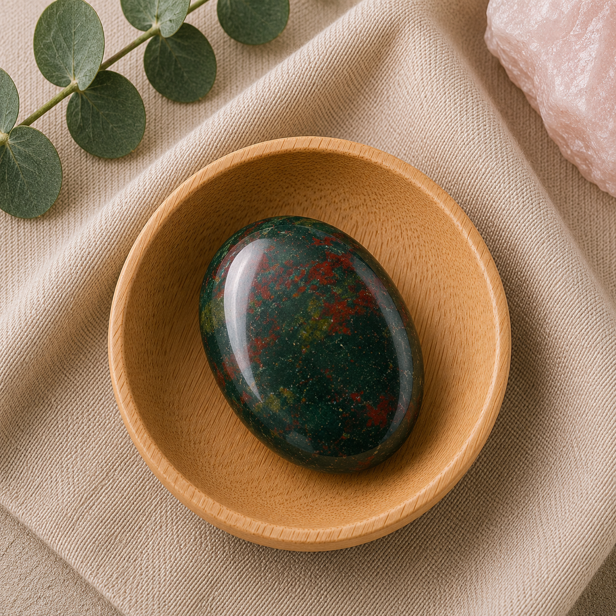 Bloodstone palm stone resting in a natural bamboo bowl on a neutral linen background with eucalyptus and rose quartz accents.