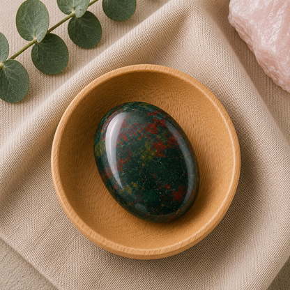 Bloodstone palm stone resting in a natural bamboo bowl on a neutral linen background with eucalyptus and rose quartz accents.