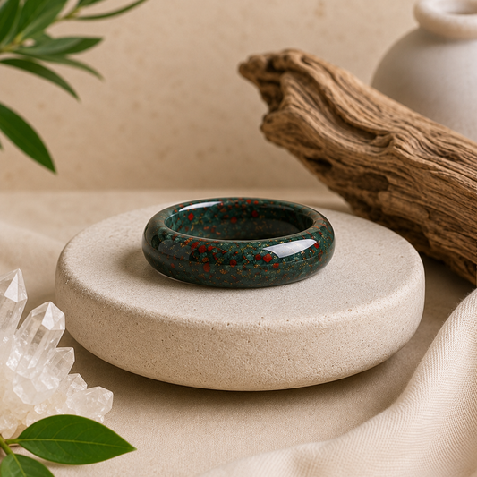 Polished bloodstone crystal ring displayed on a cream stone pedestal, featuring deep forest-green tones with natural red and earthy flecks, styled with clear quartz, greenery, driftwood, and soft neutral fabric.