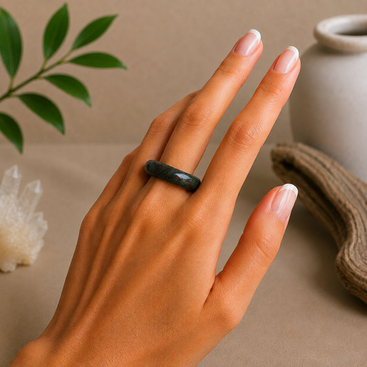 Polished bloodstone crystal ring worn on a hand, featuring deep forest-green tones with natural red flecks and a smooth rounded finish, styled against a warm, neutral zen-inspired background.