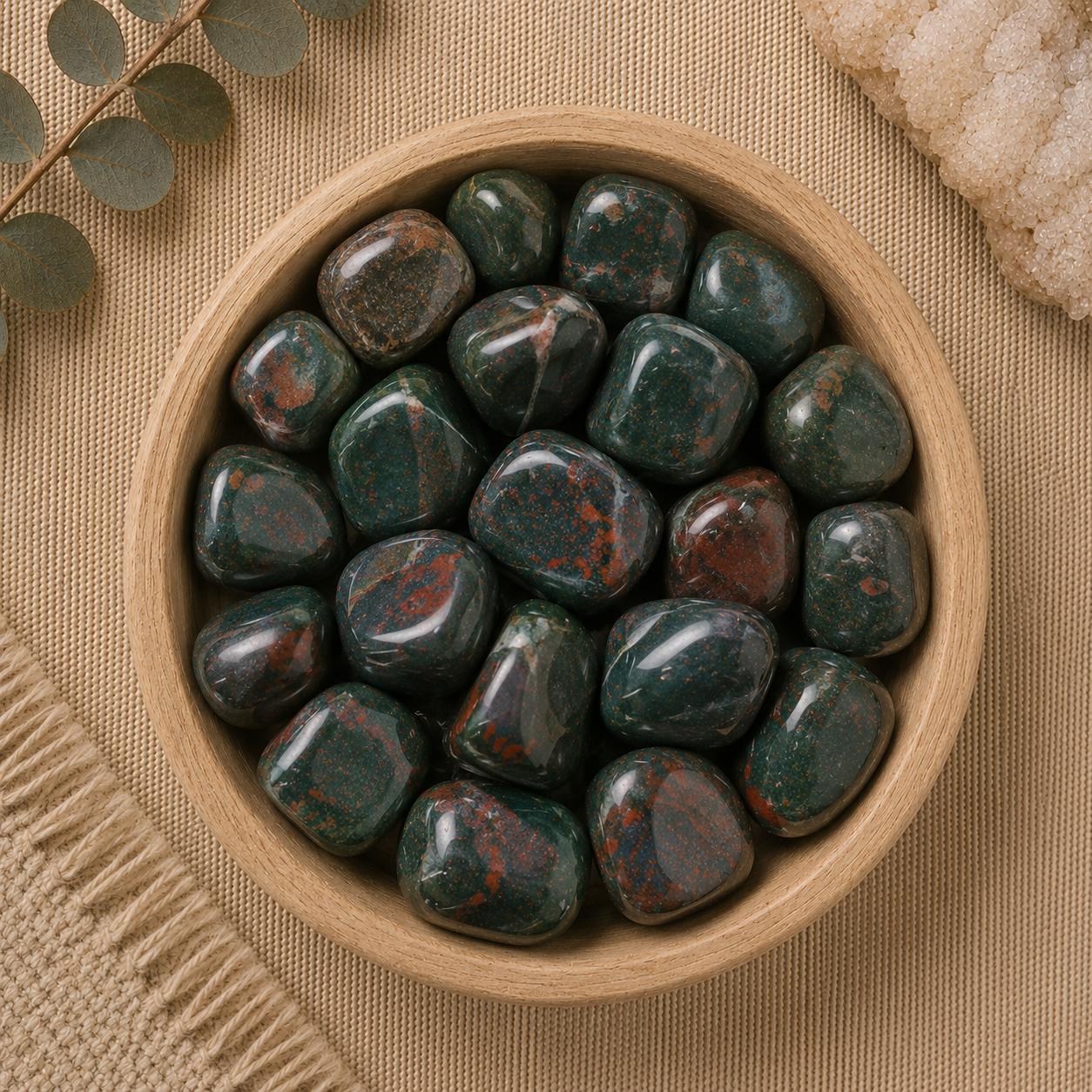 Natural polished bloodstone tumbled stones displayed in a round bamboo bowl on a soft beige linen background. The deep green gemstones feature distinctive red flecks and natural earthy patterns with a smooth, glossy finish, making each stone unique. Eucalyptus leaves, a woven cream textile, and a white quartz cluster complete the warm, minimalist, zen-inspired flat lay.