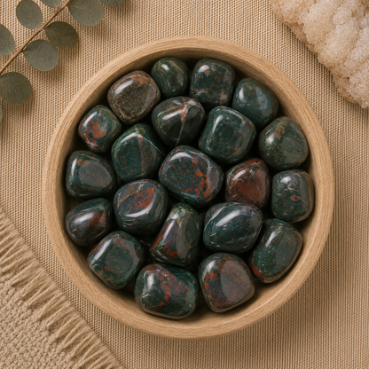 Natural polished bloodstone tumbled stones displayed in a round bamboo bowl on a soft beige linen background. The deep green gemstones feature distinctive red flecks and natural earthy patterns with a smooth, glossy finish, making each stone unique. Eucalyptus leaves, a woven cream textile, and a white quartz cluster complete the warm, minimalist, zen-inspired flat lay.