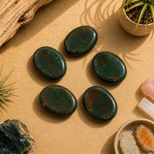 Five polished Bloodstone worry stones arranged on a warm zen-inspired backdrop with natural wood, greenery, and crystal accents.