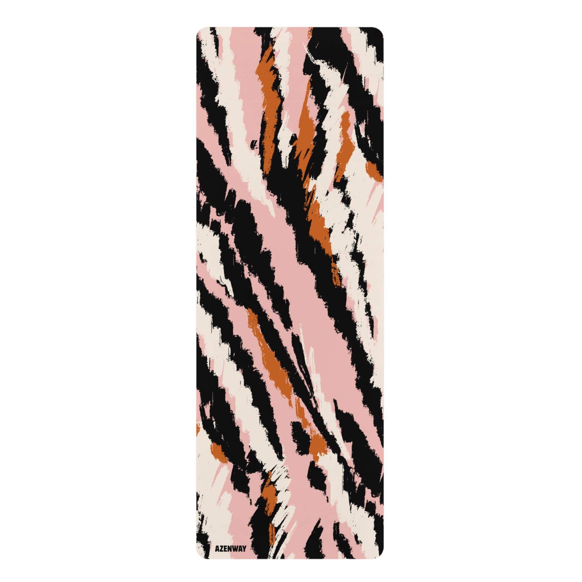 Rectangular mat with abstract pink, black, and orange pattern on a white background
