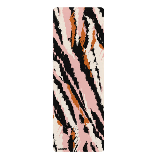 Rectangular mat with abstract pink, black, and orange pattern on a white background