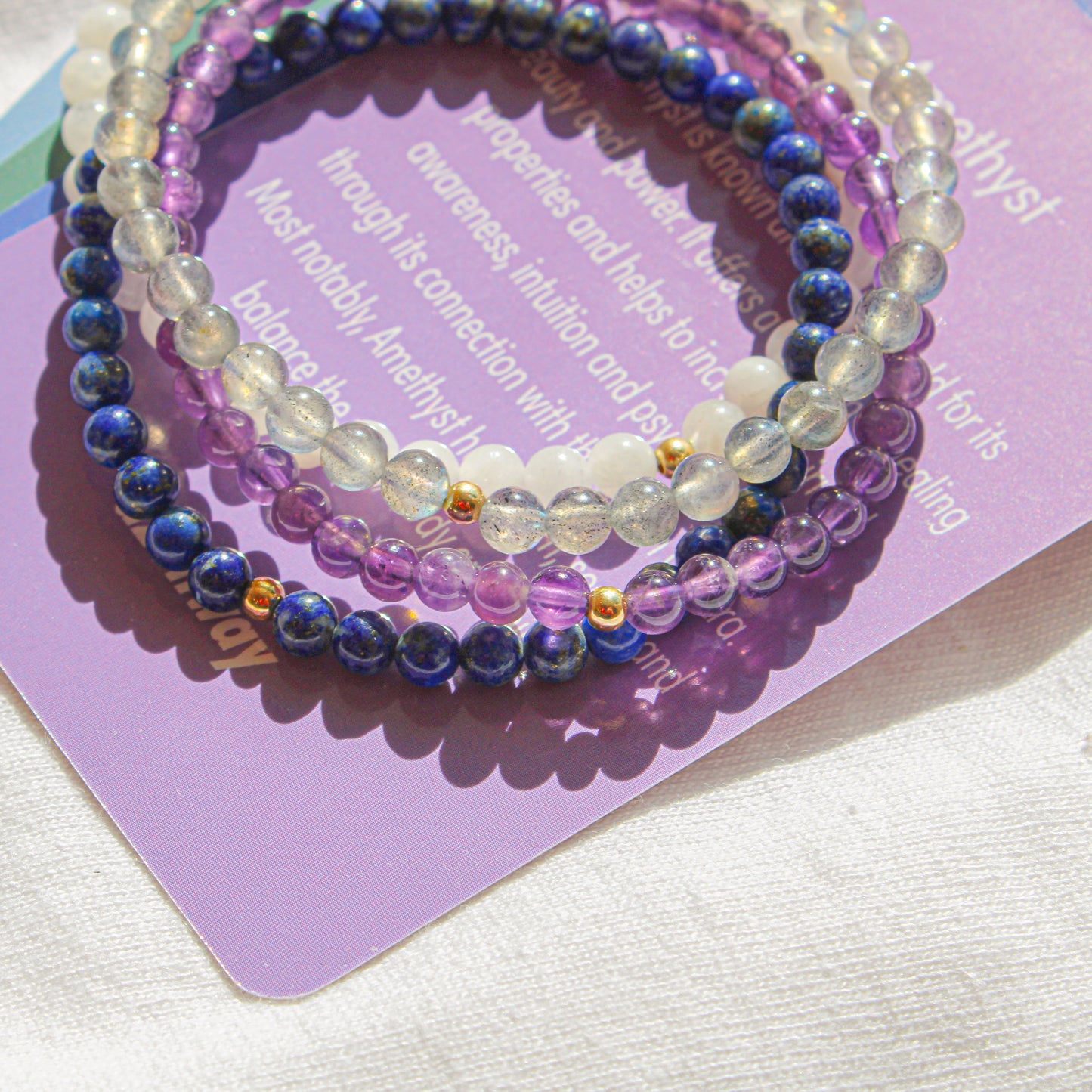 Cosmic Wanderer Bracelet Pack – Amethyst, Labradorite, Moonstone & Lapis Lazuli with 14k Gold-Filled Beads