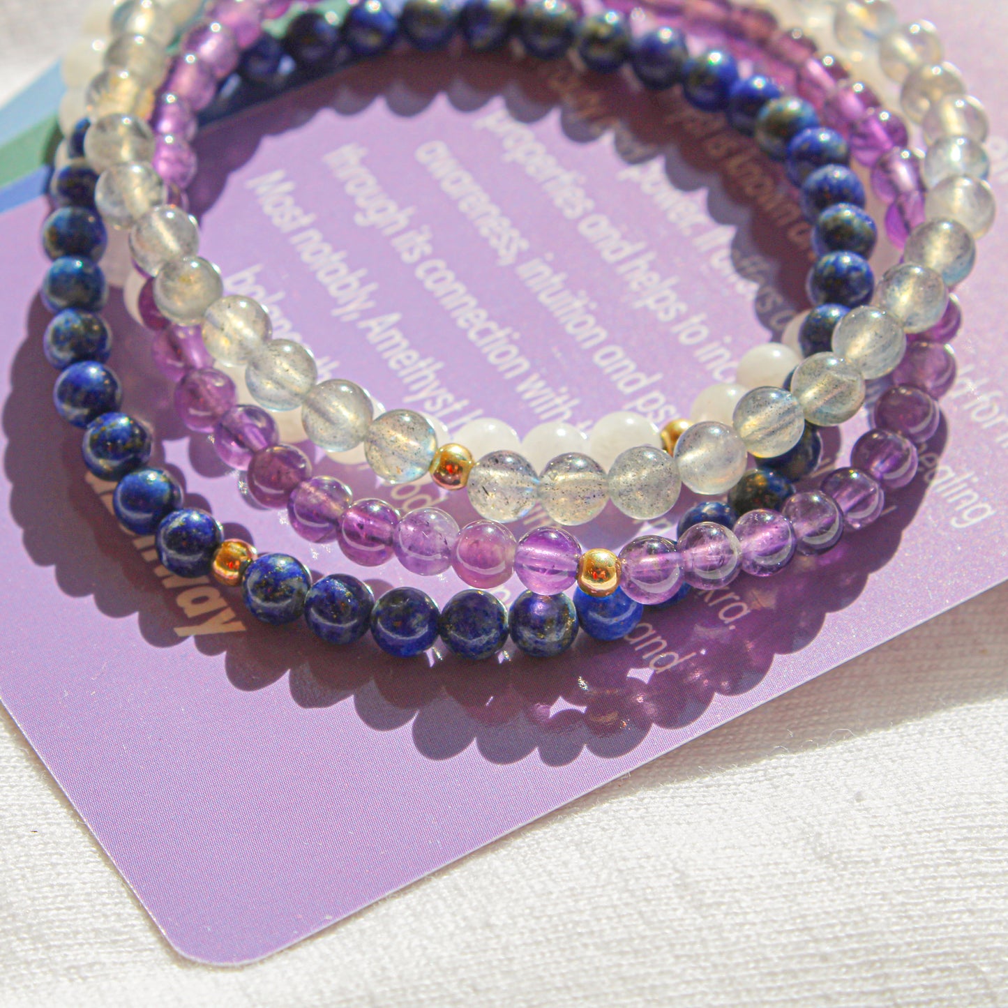 Cosmic Wanderer Bracelet Pack – Amethyst, Labradorite, Moonstone & Lapis Lazuli with 14k Gold-Filled Beads