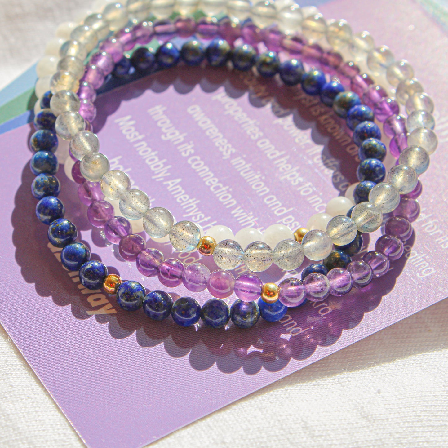 Cosmic Wanderer Bracelet Pack – Amethyst, Labradorite, Moonstone & Lapis Lazuli with 14k Gold-Filled Beads