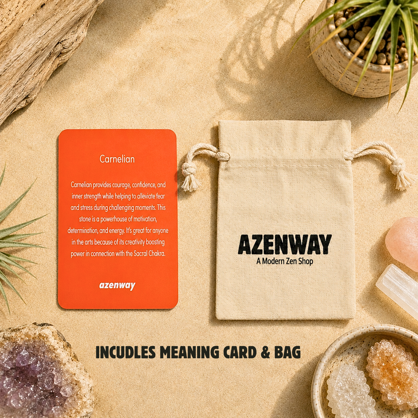 Carnelian gift set featuring an orange Carnelian meaning card and natural cotton drawstring bag on a warm zen-inspired backdrop with crystal accents. Includes an informational card and reusable storage bag.