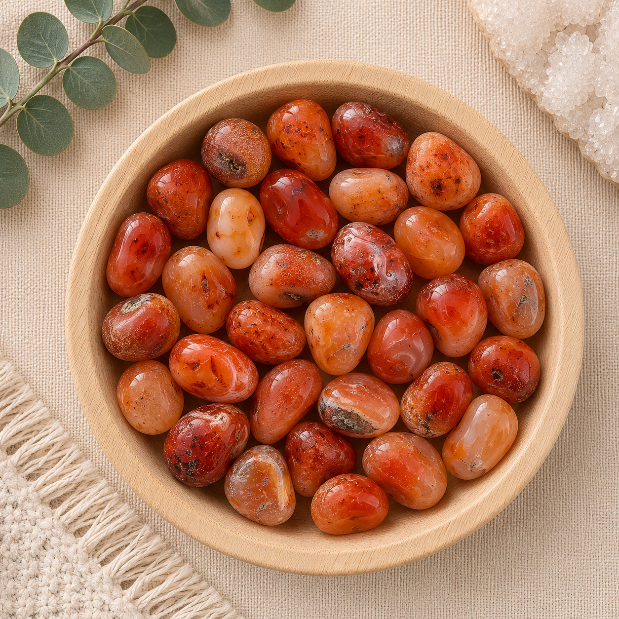 Natural polished carnelian tumbled stones displayed in a round bamboo bowl on a soft beige linen background. The gemstones feature warm shades of orange, peach, and deep red with unique natural inclusions and translucent patterns. Eucalyptus leaves, a woven cream textile, and a white quartz cluster complete the clean, cozy, zen-inspired flat lay.