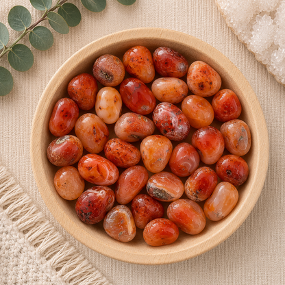Natural polished carnelian tumbled stones displayed in a round bamboo bowl on a soft beige linen background. The gemstones feature warm shades of orange, peach, and deep red with unique natural inclusions and translucent patterns. Eucalyptus leaves, a woven cream textile, and a white quartz cluster complete the clean, cozy, zen-inspired flat lay.