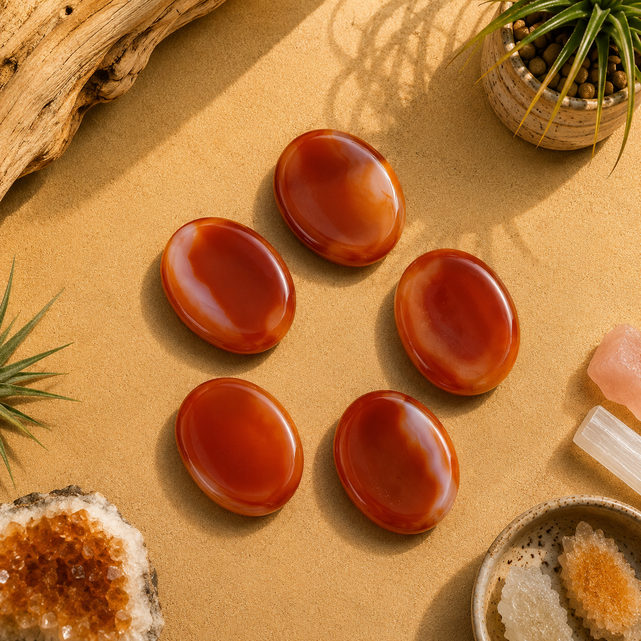 Five polished Carnelian worry stones displayed on a warm zen-inspired backdrop with natural wood, greenery, and crystal accents, showcasing their rich orange-red tones and smooth glossy finish.