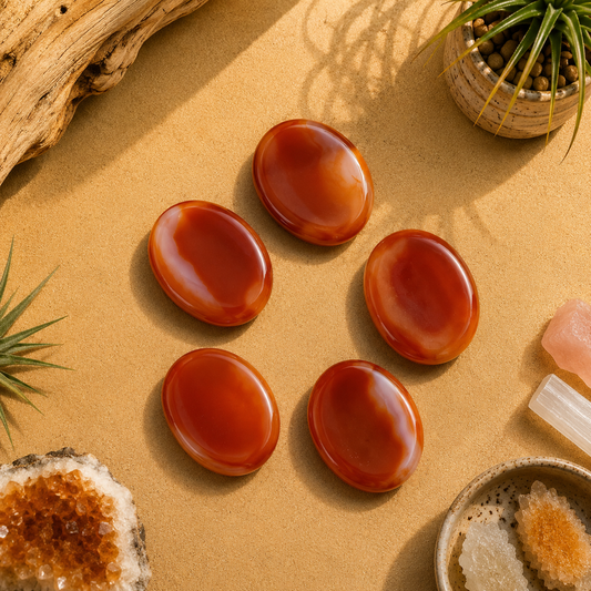 Five polished Carnelian worry stones displayed on a warm zen-inspired backdrop with natural wood, greenery, and crystal accents, showcasing their rich orange-red tones and smooth glossy finish.
