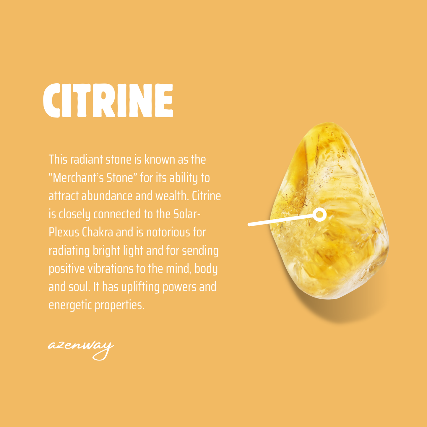 Citrine crystal meaning graphic explaining abundance, wealth, and Solar Plexus energy with an image of a polished Citrine stone