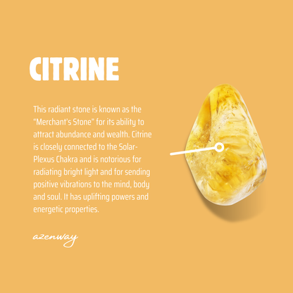 Citrine crystal meaning graphic explaining abundance, wealth, and Solar Plexus energy with an image of a polished Citrine stone