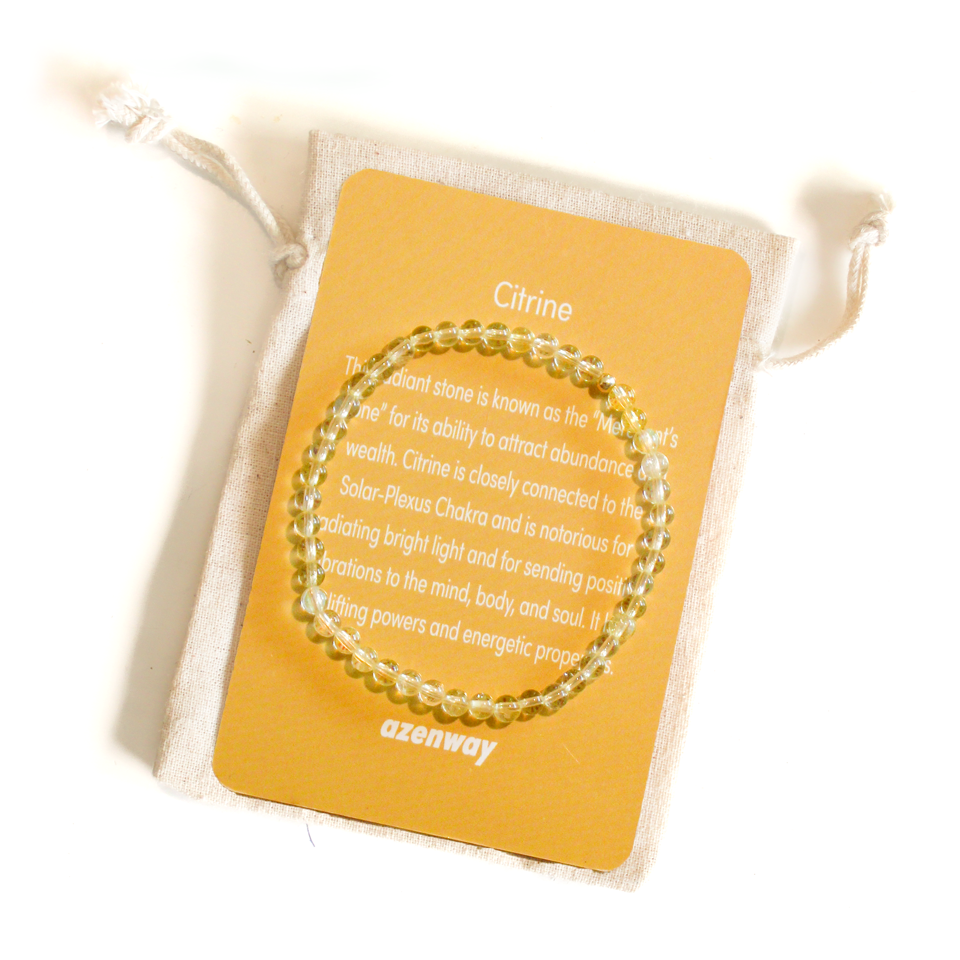 Azenway Citrine bracelet displayed on its gemstone meaning card with 4mm golden-yellow beads and a 14k gold-filled accent