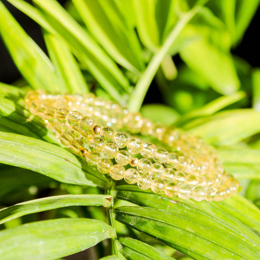 Multiple Azenway Citrine gemstone bracelets resting on vibrant green leaves, showcasing translucent yellow beads and gold accents