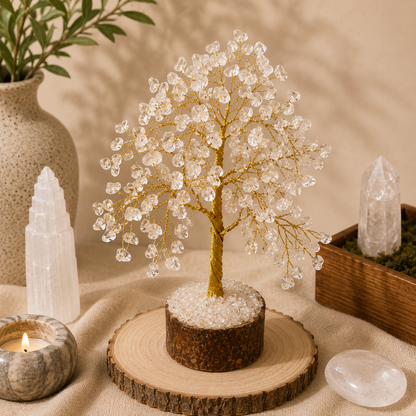 Handcrafted Clear Quartz crystal tree featuring polished clear gemstone leaves on gold wire branches and a natural wood trunk, displayed on a rustic wood slice. Styled with selenite, clear quartz, a candle, and earthy décor in a warm, calming boho-inspired setting.