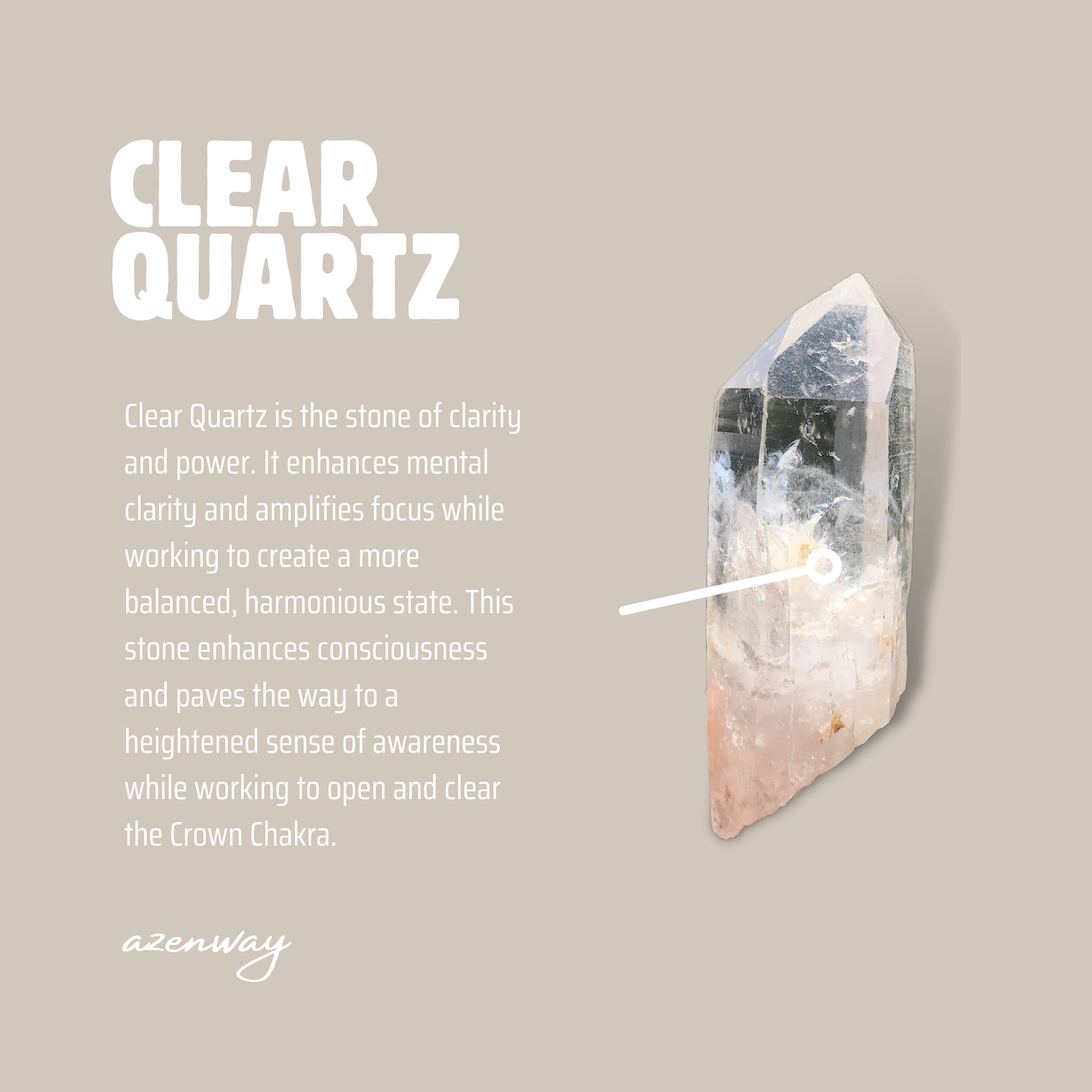 Clear Quartz crystal information card describing clarity, focus, and Crown Chakra connection with featured crystal image.