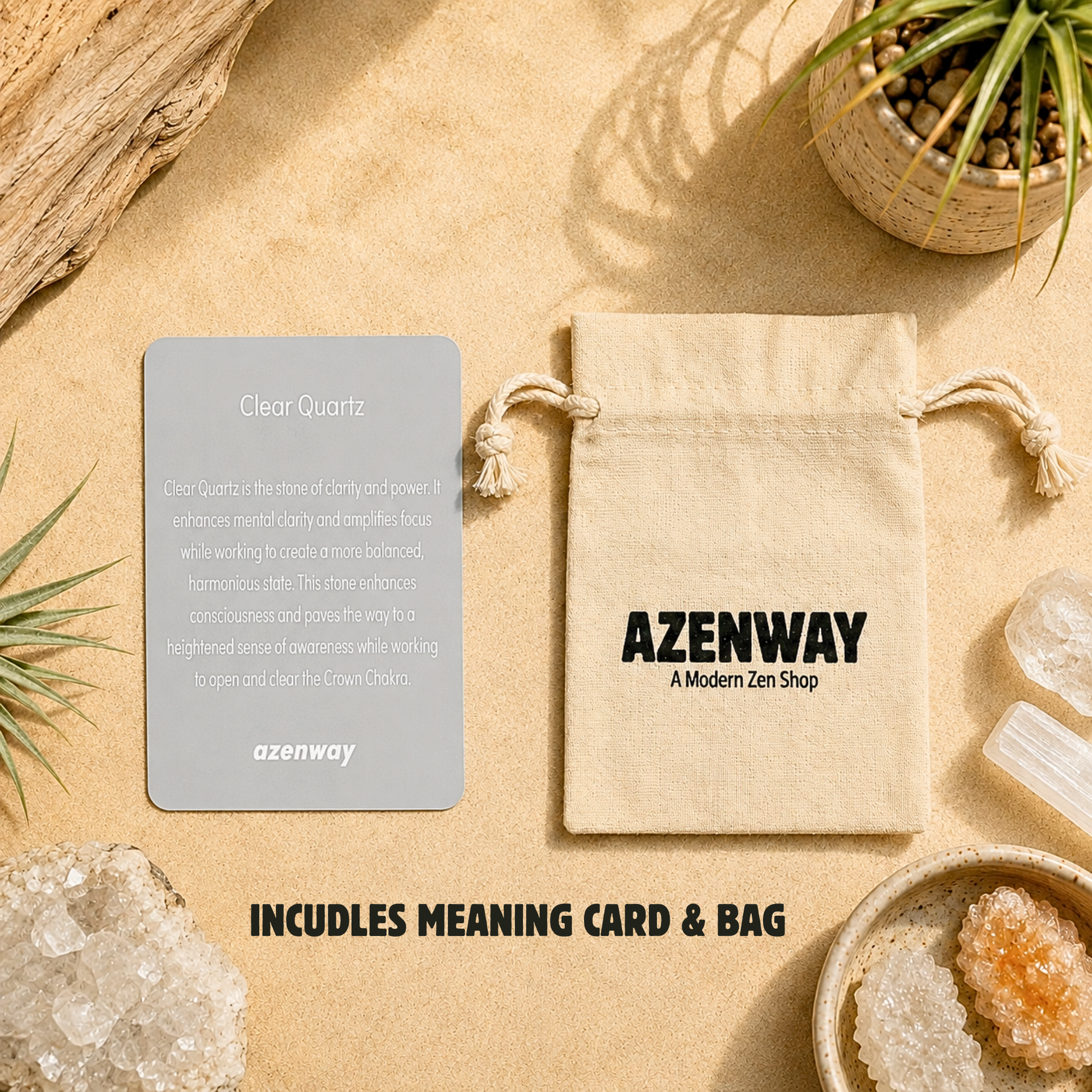 Clear Quartz gift set featuring a gray Clear Quartz meaning card and natural cotton drawstring bag on a warm zen-inspired backdrop with crystal accents. Includes an informational card and reusable storage bag.