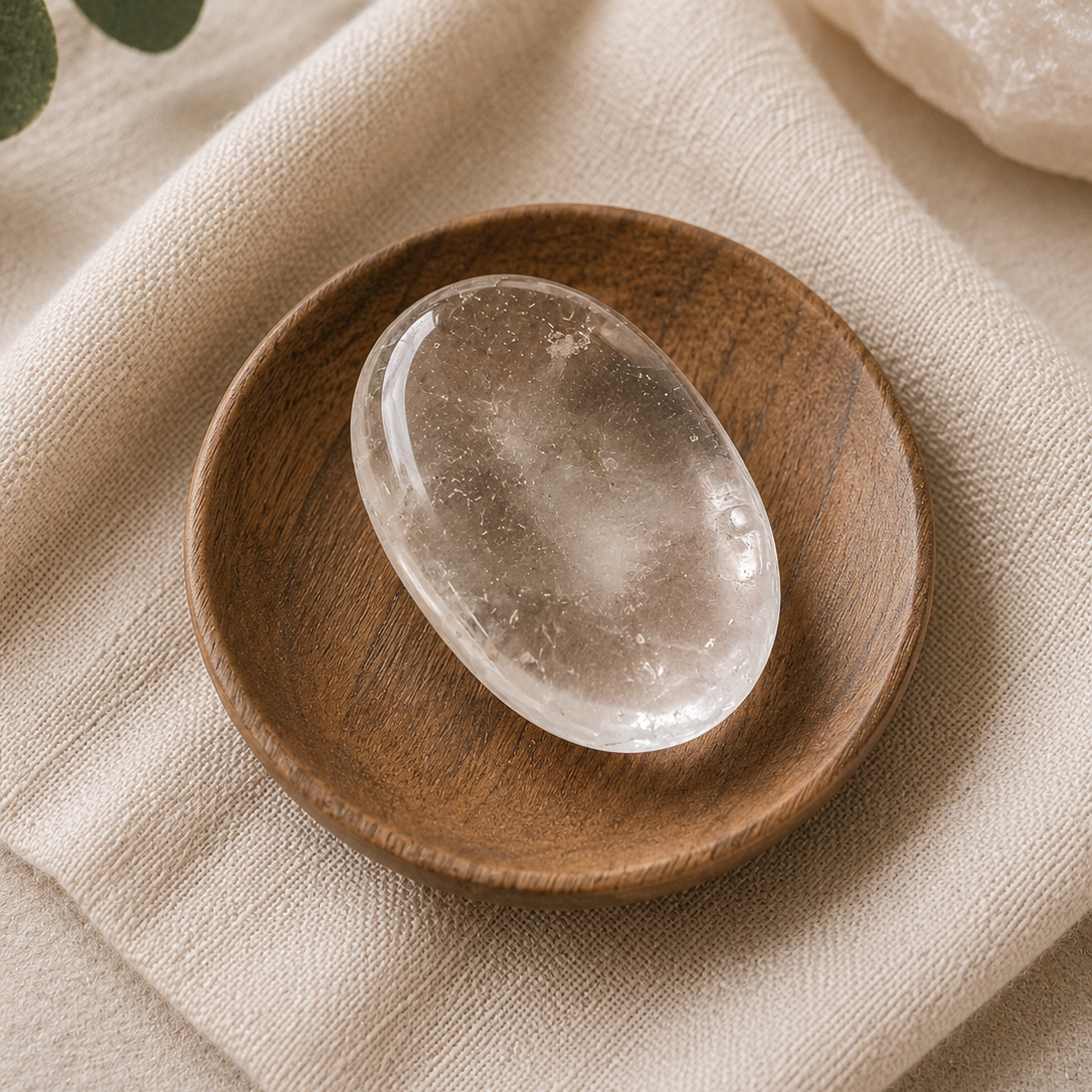 A polished oval clear crystal stone resting on a small round wooden dish, placed on a beige linen cloth with eucalyptus leaves and a larger crystal visible in the background.