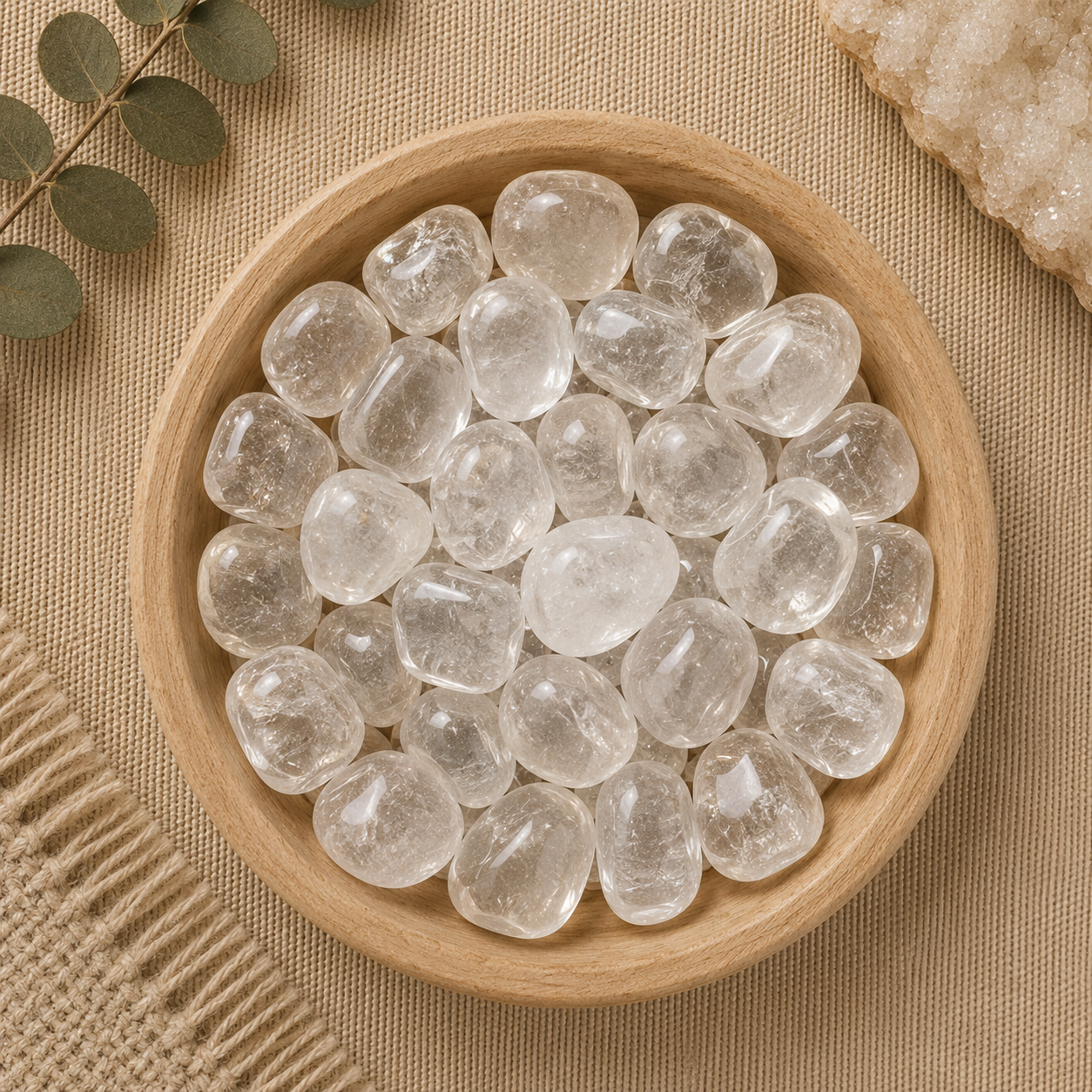 Natural polished clear quartz tumbled stones displayed in a round bamboo bowl on a soft beige linen background. The transparent gemstones feature subtle natural inclusions and internal fractures that catch the light, giving each stone a unique appearance. Eucalyptus leaves, a woven cream textile, and a white quartz cluster complete the warm, minimalist, zen-inspired flat lay.