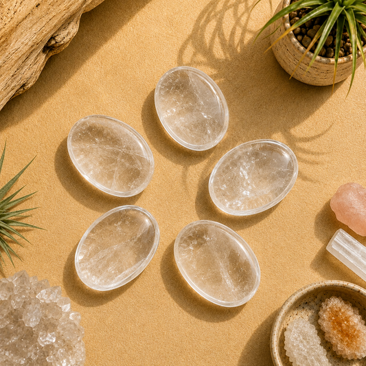 Five polished Clear Quartz worry stones arranged on a warm zen-inspired backdrop with natural wood, greenery, crystal accents, and soft lighting. Each transparent stone displays natural internal inclusions, making every piece unique.