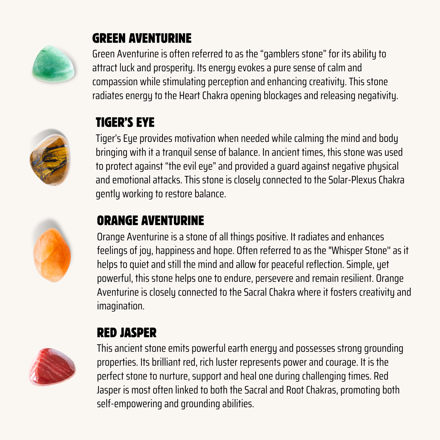 7 chakra crystal meanings chart featuring Amethyst, Lapis Lazuli, Turquoise, Green Aventurine, Tiger’s Eye, Orange Aventurine, and Red Jasper with descriptions.