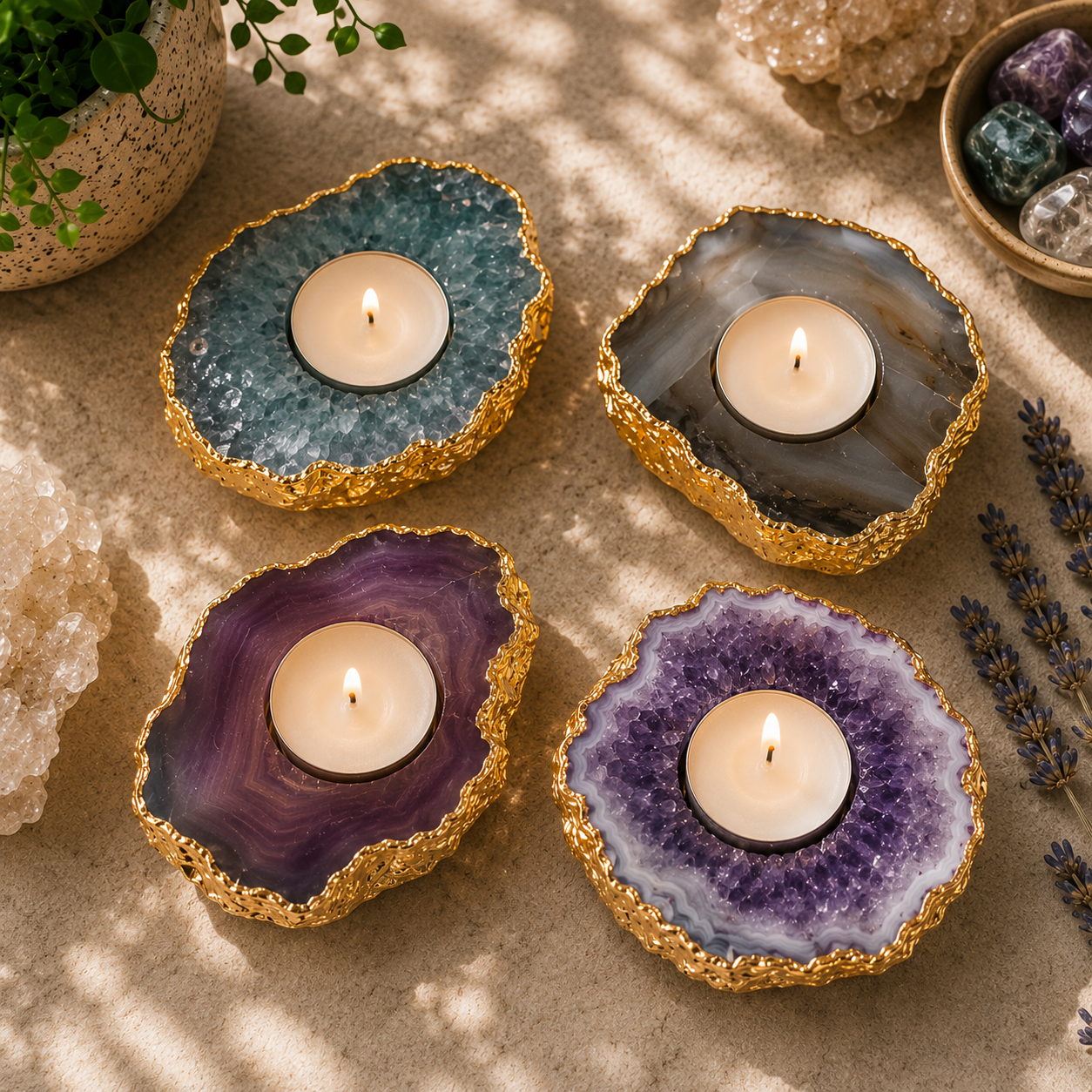 Four natural crystal tea light candle holders displayed on a warm neutral surface with lit tea lights. The collection includes blue crystal druzy, gray banded agate, purple agate, and amethyst druzy slices, each finished with elegant gold electroplated edges. A green potted plant, white quartz clusters, lavender sprigs, and a bowl of polished crystals create a warm, luxurious, zen-inspired setting.