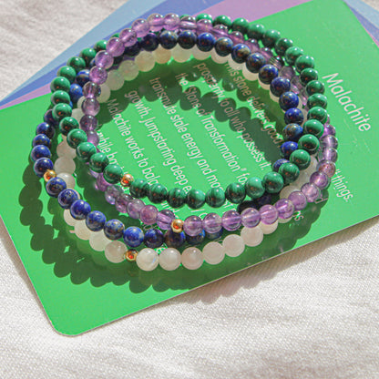 Earth & Ether Bracelet Pack – Malachite, Amethyst, Moonstone & Lapis Lazuli with Hypoallergenic 14k Gold-Filled Beads