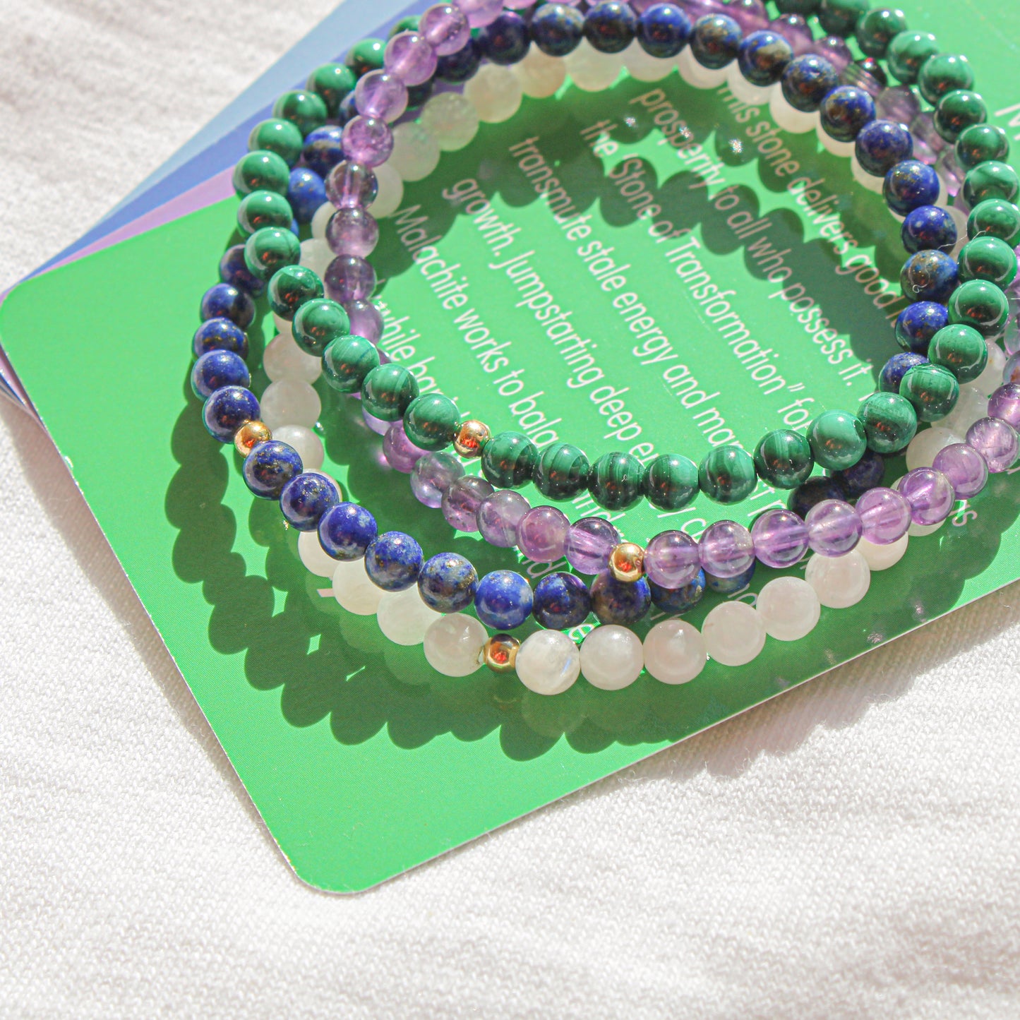 Earth & Ether Bracelet Pack – Malachite, Amethyst, Moonstone & Lapis Lazuli with Hypoallergenic 14k Gold-Filled Beads