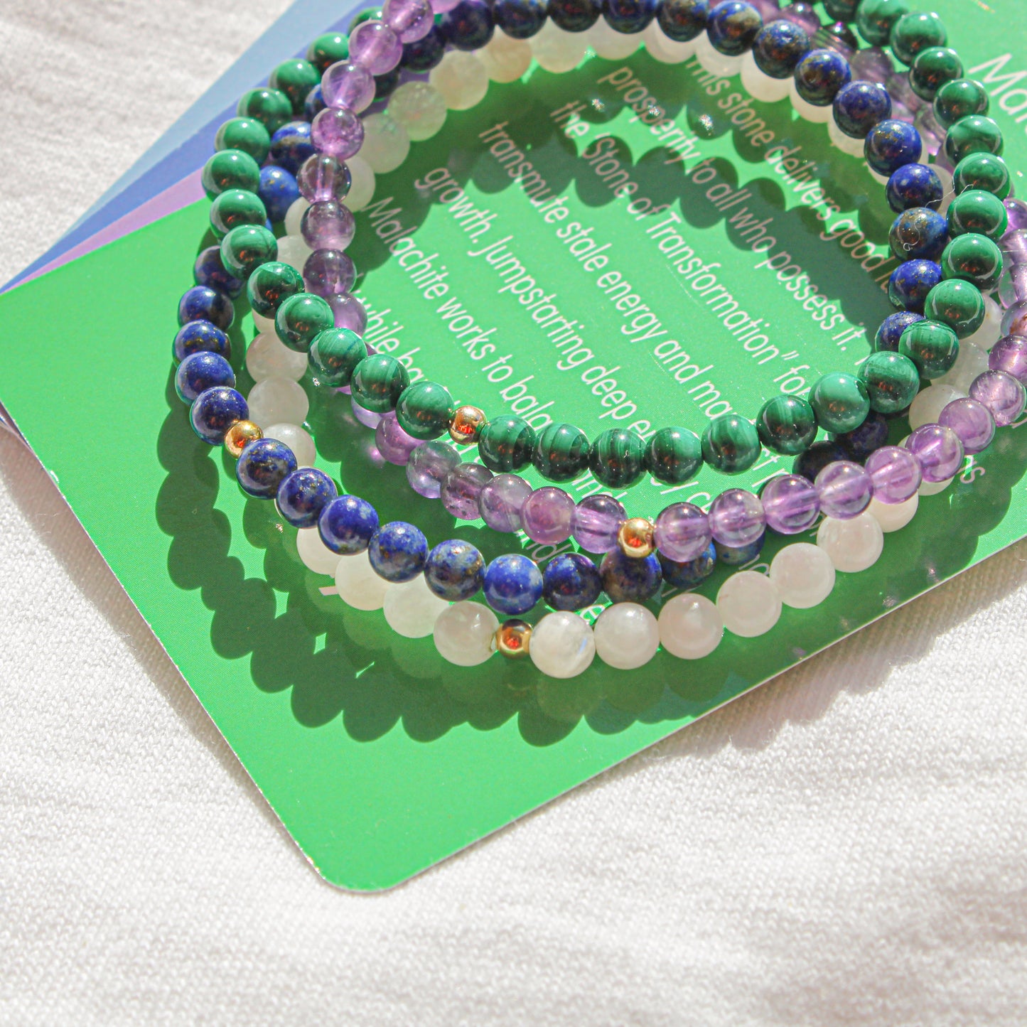 Earth & Ether Bracelet Pack – Malachite, Amethyst, Moonstone & Lapis Lazuli with Hypoallergenic 14k Gold-Filled Beads