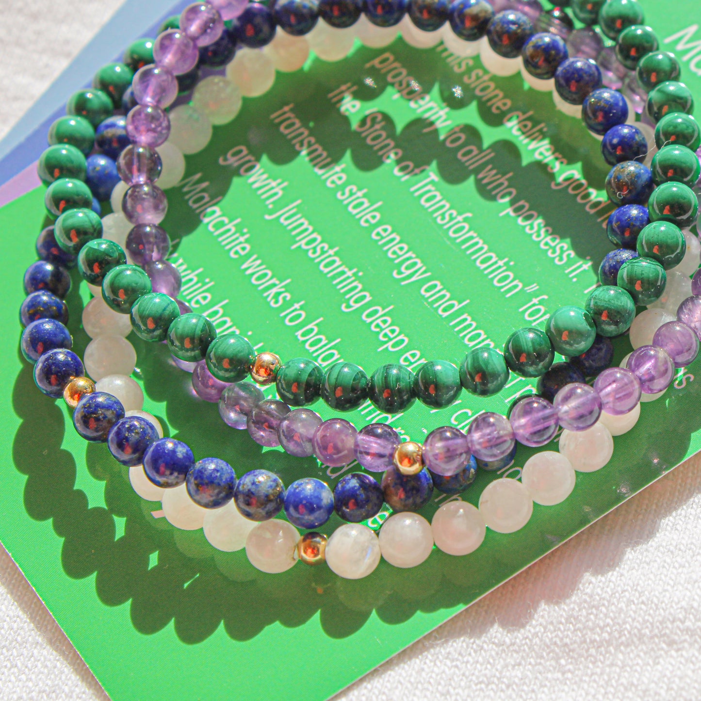 Earth & Ether Bracelet Pack – Malachite, Amethyst, Moonstone & Lapis Lazuli with Hypoallergenic 14k Gold-Filled Beads