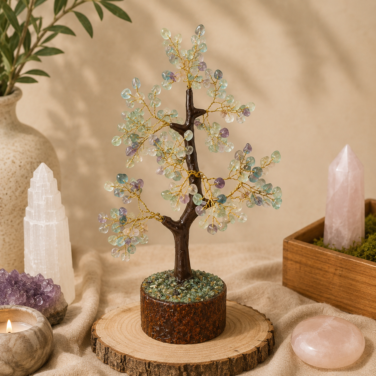 Handcrafted Fluorite crystal tree featuring polished green, purple, and clear gemstone leaves on gold wire branches and a natural wood trunk, displayed on a rustic wood slice. Styled with selenite, amethyst, rose quartz, a candle, and earthy décor in a warm, calming boho-inspired setting.