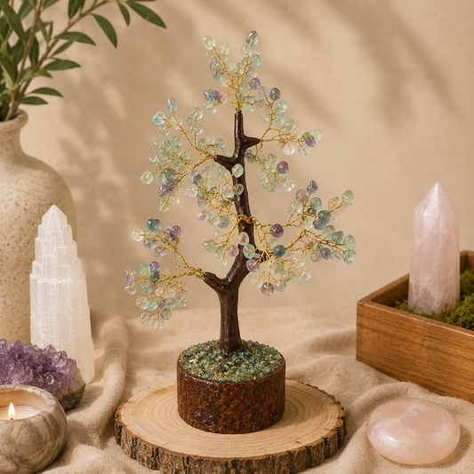 Handcrafted Fluorite crystal tree featuring polished green, purple, and clear gemstone leaves on gold wire branches and a natural wood trunk, displayed on a rustic wood slice. Styled with selenite, amethyst, rose quartz, a candle, and earthy décor in a warm, calming boho-inspired setting.