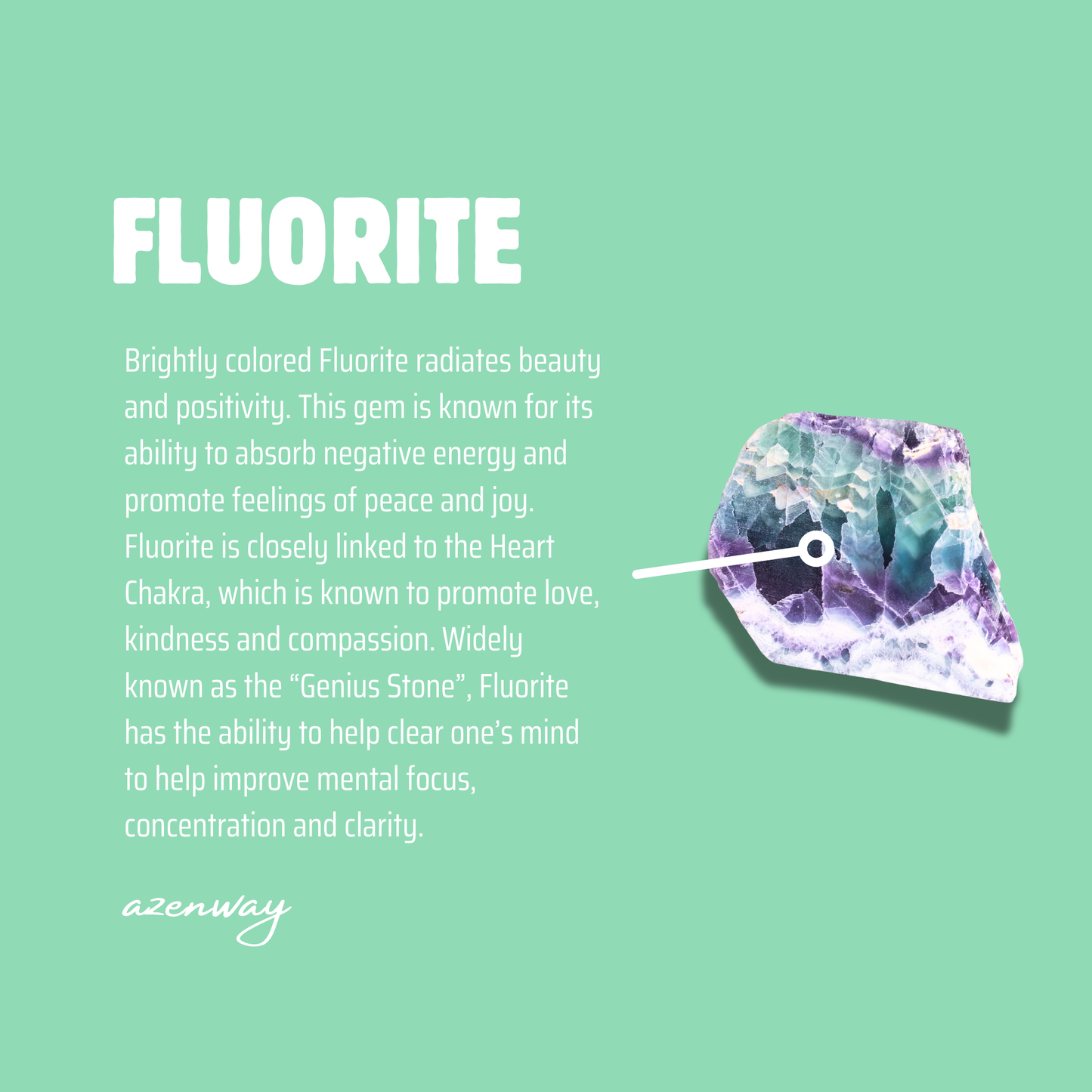 Fluorite meaning card showing a green and purple fluorite crystal with descriptive text on emotional balance and clarity.