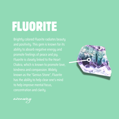 Fluorite meaning card showing a green and purple fluorite crystal with descriptive text on emotional balance and clarity.