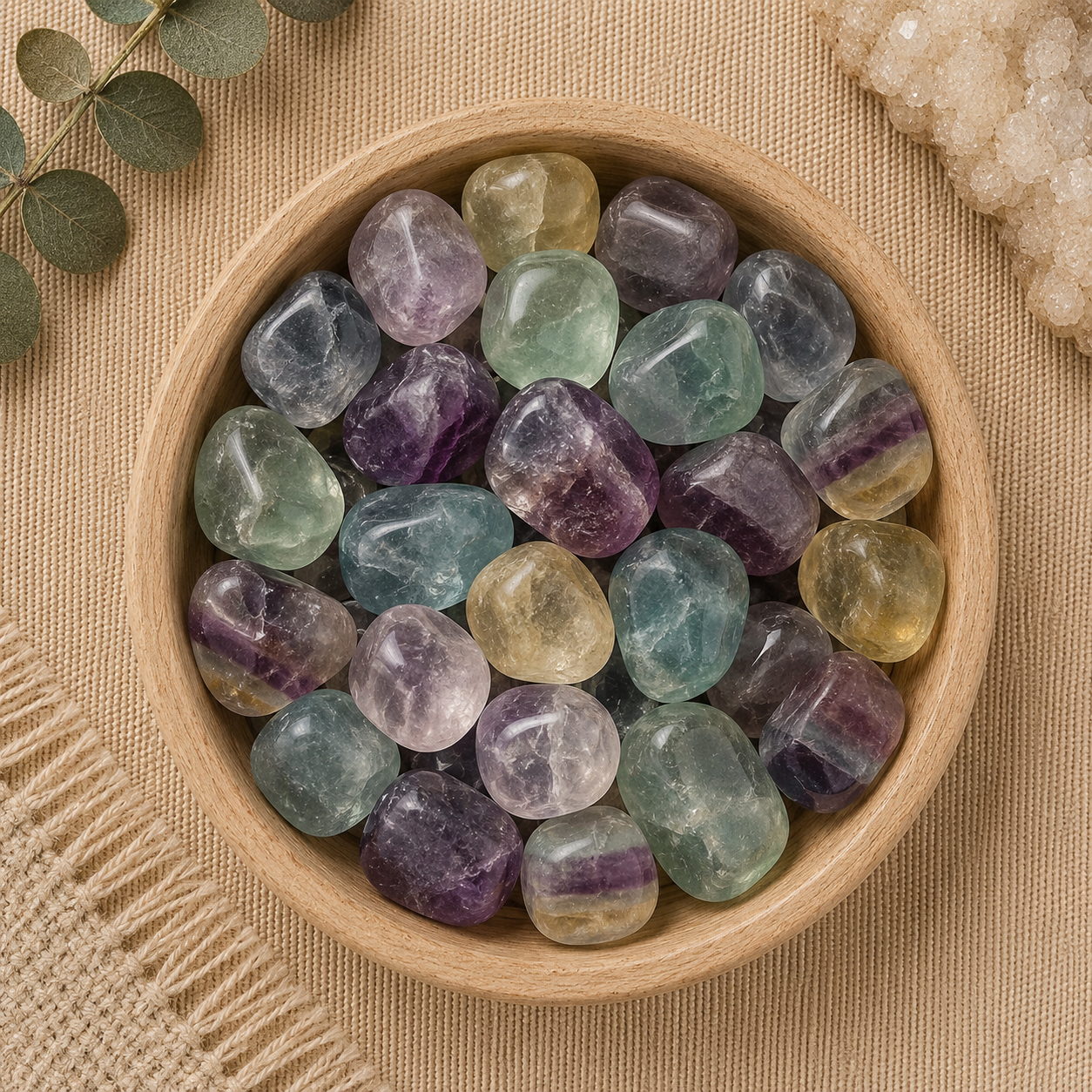 Natural polished fluorite tumbled stones displayed in a round bamboo bowl on a soft beige linen background. The gemstones feature beautiful bands and shades of purple, green, blue, and golden yellow with translucent clarity and unique natural patterns. Eucalyptus leaves, a woven cream textile, and a white quartz cluster complete the warm, minimalist, zen-inspired flat lay.