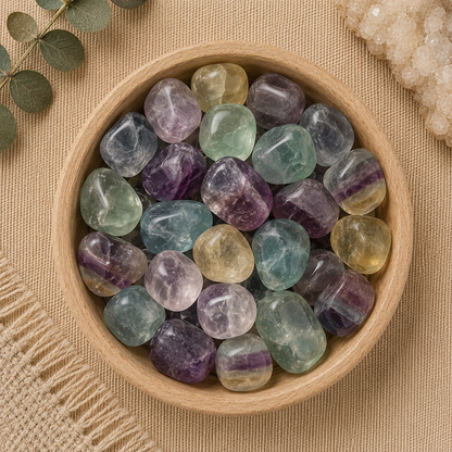 Natural polished fluorite tumbled stones displayed in a round bamboo bowl on a soft beige linen background. The gemstones feature beautiful bands and shades of purple, green, blue, and golden yellow with translucent clarity and unique natural patterns. Eucalyptus leaves, a woven cream textile, and a white quartz cluster complete the warm, minimalist, zen-inspired flat lay.