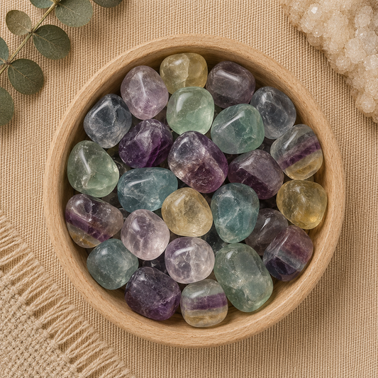 Natural polished fluorite tumbled stones displayed in a round bamboo bowl on a soft beige linen background. The gemstones feature beautiful bands and shades of purple, green, blue, and golden yellow with translucent clarity and unique natural patterns. Eucalyptus leaves, a woven cream textile, and a white quartz cluster complete the warm, minimalist, zen-inspired flat lay.