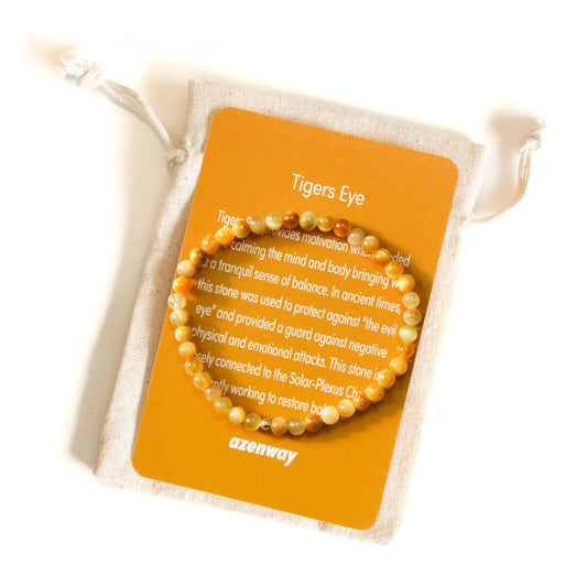 Gold Tiger’s Eye Crystal Healing Bracelet with 4mm Natural Stones and 14K Gold-Filled Bead – Azenway