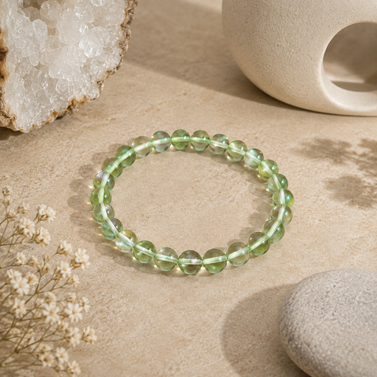 Green Mystic Glass stretch bracelet featuring shimmering translucent green beads with iridescent flashes of aqua and gold, displayed on a warm stone surface beside clear quartz, dried botanicals, a smooth river stone, and a ceramic wax warmer in a calming, zen-inspired setting.