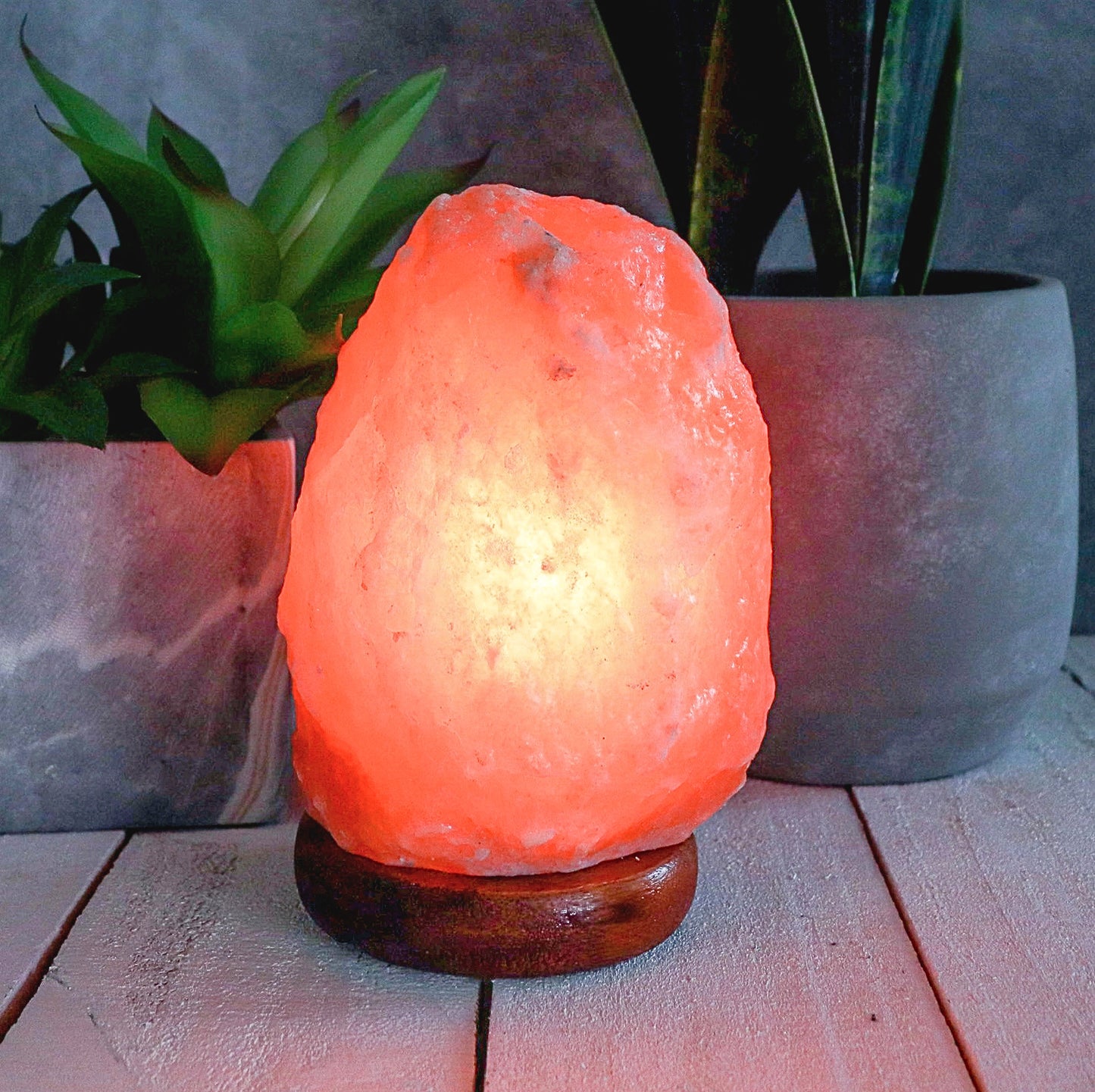 A glowing pinkish-orange salt lamp on a dark wooden base, styled on a light wooden surface with potted green plants in the background.