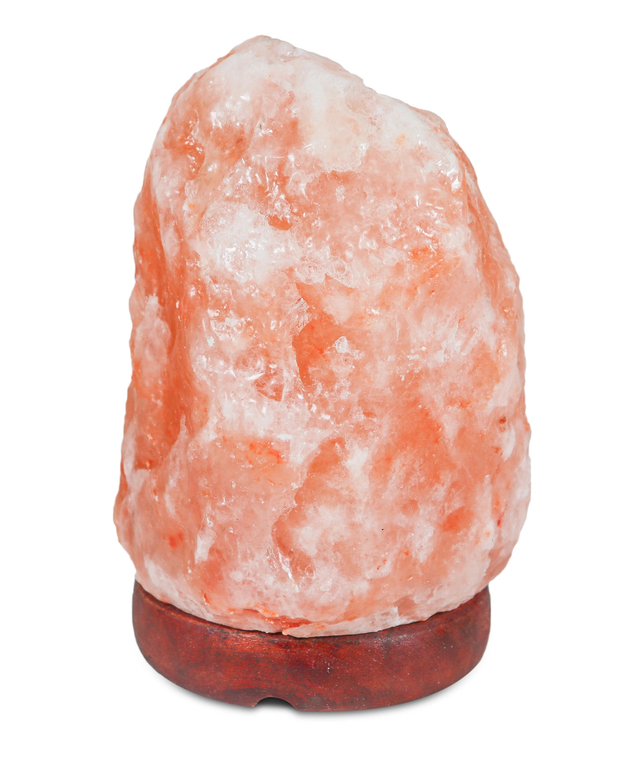 Himalayan salt lamp with a pink and white rock-like texture on a white background