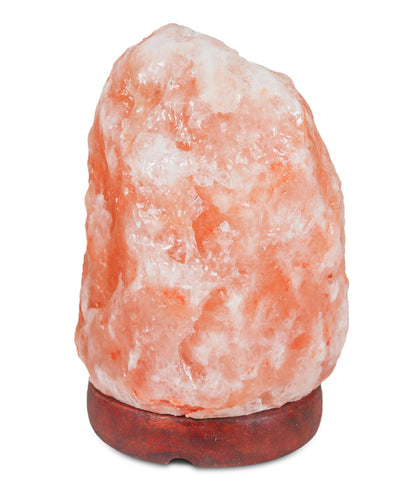 Himalayan salt lamp with a pink and white rock-like texture on a white background