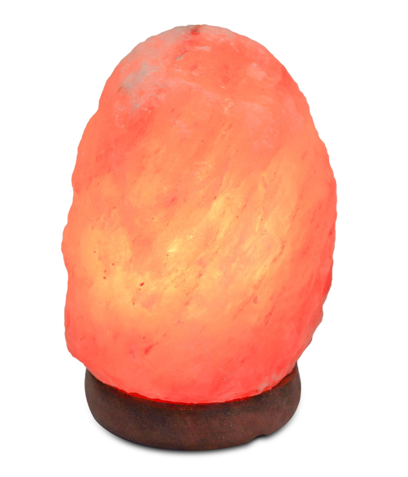 Himalayan salt lamp with a warm glow on a white background