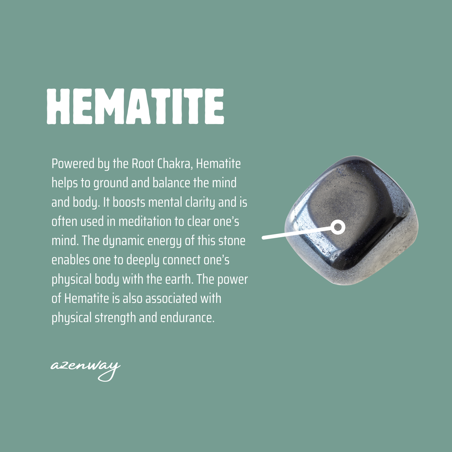 Azenway Hematite crystal meaning card describing grounding and Root Chakra energy.